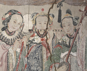 Detail: Procession of the three goddesses out and back from their Mansion, rendered in skillful perspectival style. Unknown artist, undated, possibly 18th century.