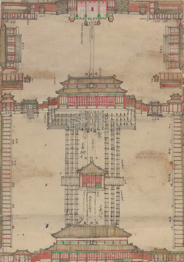 Plan of the Route from the Gate of the Great Qing to the Palace of Earthly Tranquillity 大清門至坤寧宮中一路立樣糙底  (detail), Guangxu period (1875–1908), 593 x 61 cm, Yangshi Lei Archives, National Library of China, Beijing