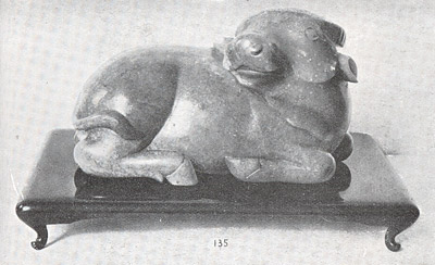 Figure 4: A jade buffalo, possibly obtained during the sacking of Yuanmingyuan in 1860. Figures 3 and 4 from: Captain George Humphreys-Davies, ed., An Exhibition of Chinese Art, Including Many Examples from Famous Collections, Exhibited in New Zealand (Auckland: N.Z. Newspapers Ltd., 1937), no page.