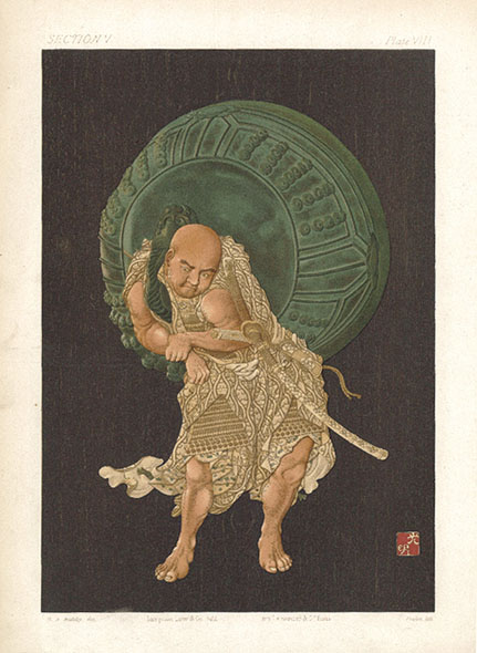 Figure 5 Shibayama inlay. Benkei stealing the Miidera Temple Bell. The sharply jutting shoulder and hip counterbalance the weight of the bell. George Ashdown Audesly, The Ornamental Arts of Japan. (London: Sampson, Low, Marston, Searle and Rivington, 1882–84). Collection of the the Carnegie Library of Pittsburgh.