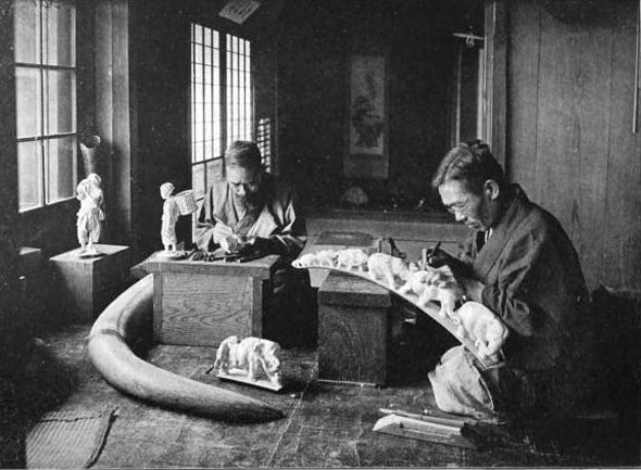 Figure 12 Photograph of ivory workshop c.1905 showing elephant bridge. From Herbert Ponting, in Lotus Land Japan (London: J.M. Dent & Sons, 1922). Collection of the author.