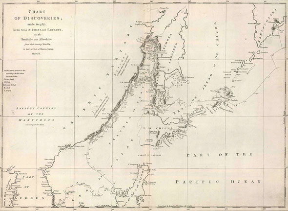 Figure 2 La Perouse, Jean-Francois de Galaup, ‘Chart of the Discoveries Made in 1787, in the Seas of China and Tartary, by the Boussole and Astrolabe’, Sheet II, (London, G.G. and J. Robinson, 1799). David Rumsey Collection, List no. 0414.046, reproduced with kind permission of the David Rumsey Collection, <www.davidrumsey.com>.