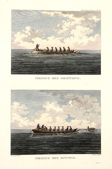 Figure 6 ‘Orotchy’ and ‘Bitchy’ canoes, from Voyage de La Pérouse autour du monde (1798 edition; State Library of NSW).